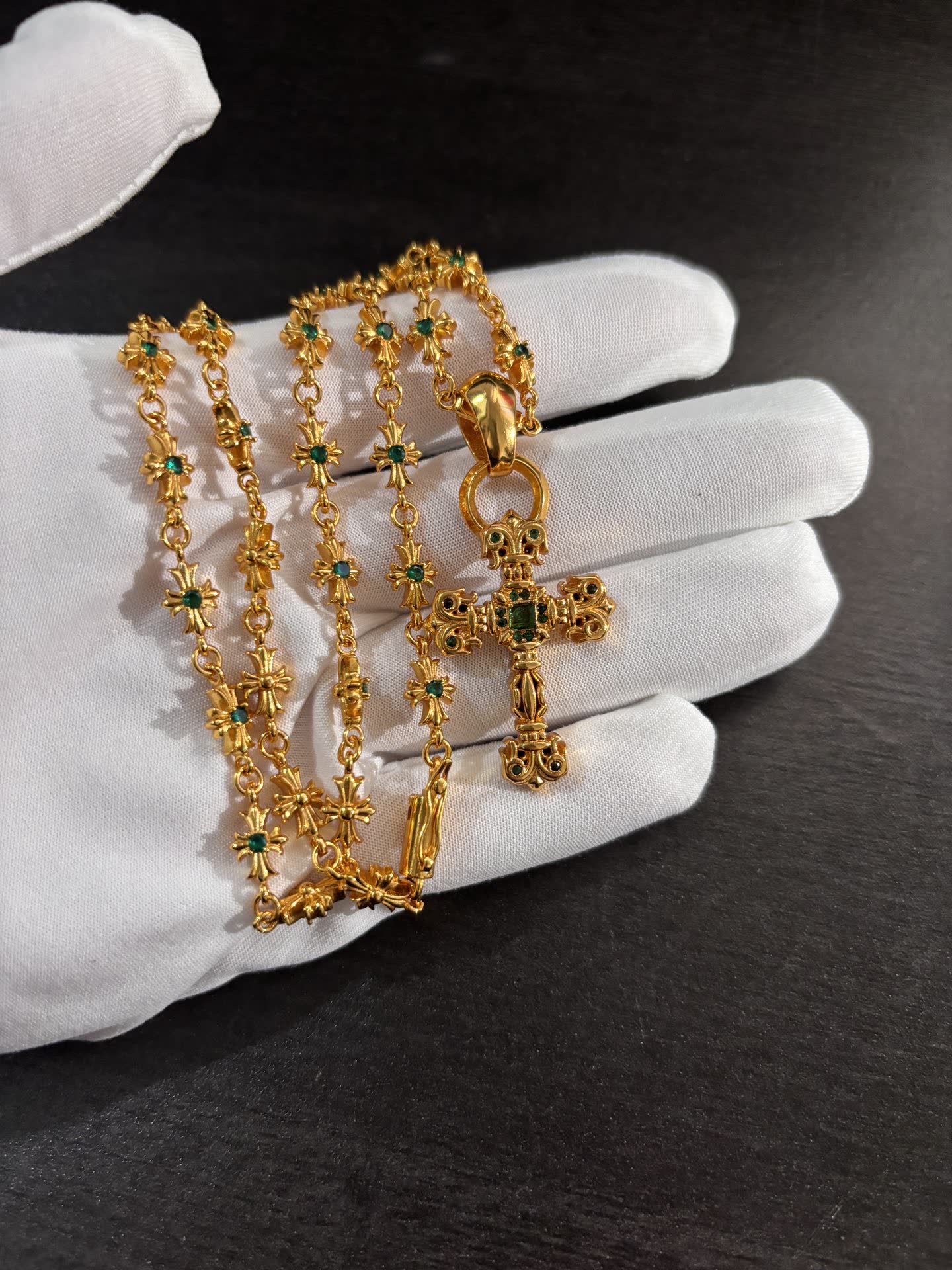 Chrome Hearts Gold Tone Emerald Cross Pendant Necklace
